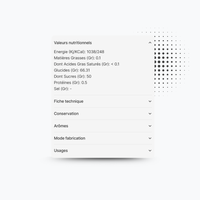 Des fiches de caractéristiques d'un produit alimentaire sur un site e-commerce