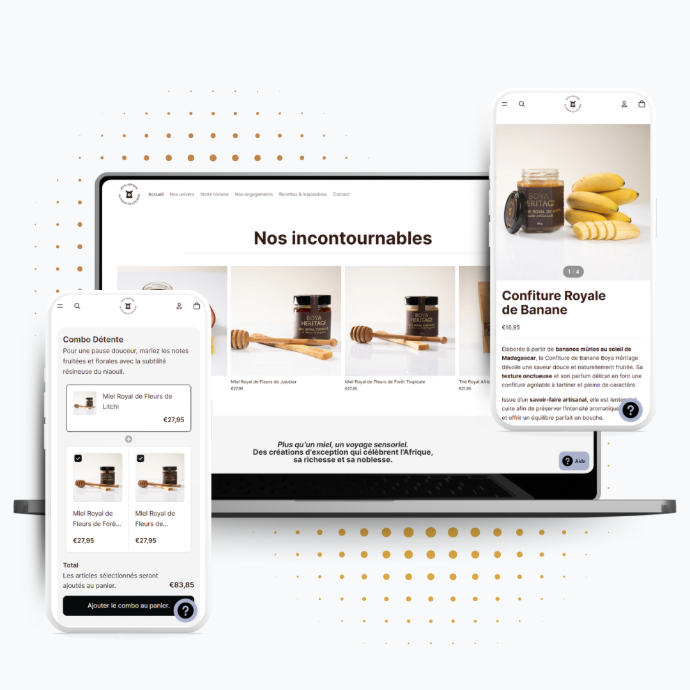 Mockup ordinateur + 2 téléphone portable qui montre des page de site e-commerce