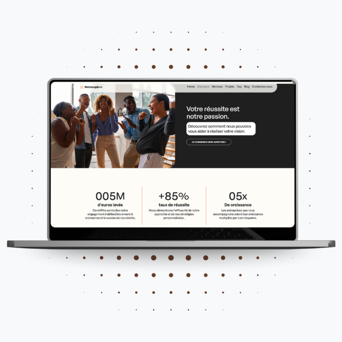 Mockup ordinateur portable montrant la page d'accueil du site de Metrosapiens