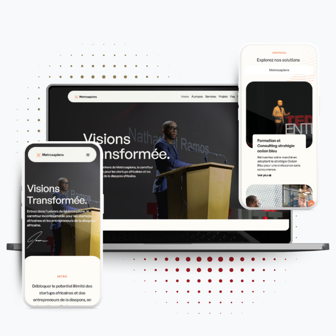 Mockup ordinateur portable et 2 téléphone montrant des pages du site metrosapiens