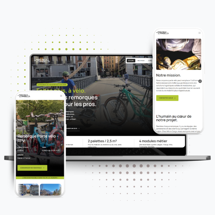 Mockup ordinateur portable et 2 téléphone qui montre des pages du site microcargo