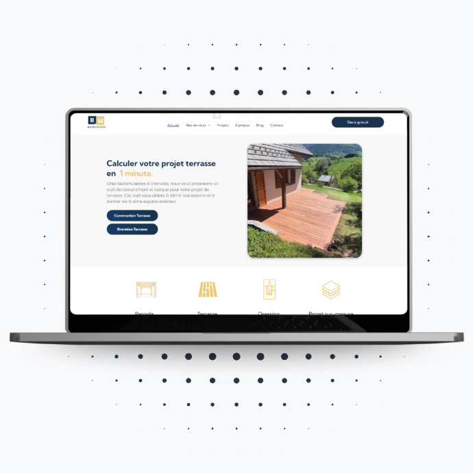 Mockup ordinateur portable montrant une page du site de B&amp;menuiseries