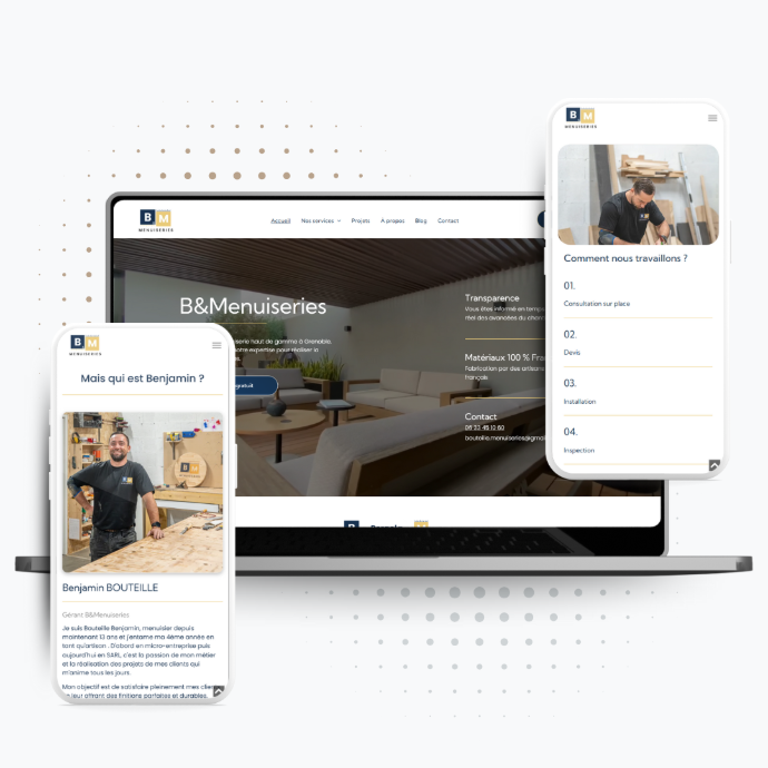 Mockup ordinateur portable et 2 téléphones qui montre des page du site de B&amp;menuiseries