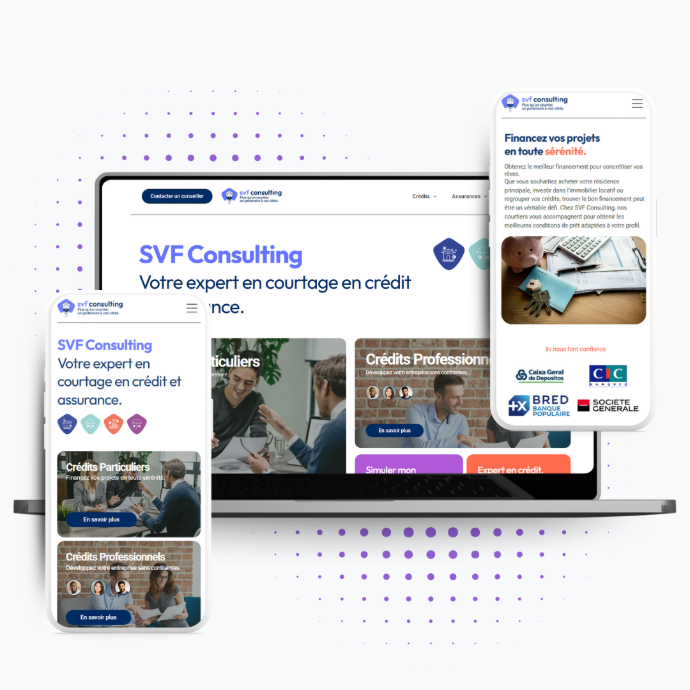 Mockup ordinateur portable et 2 téléphone qui présente des pages du site de SVF consulting